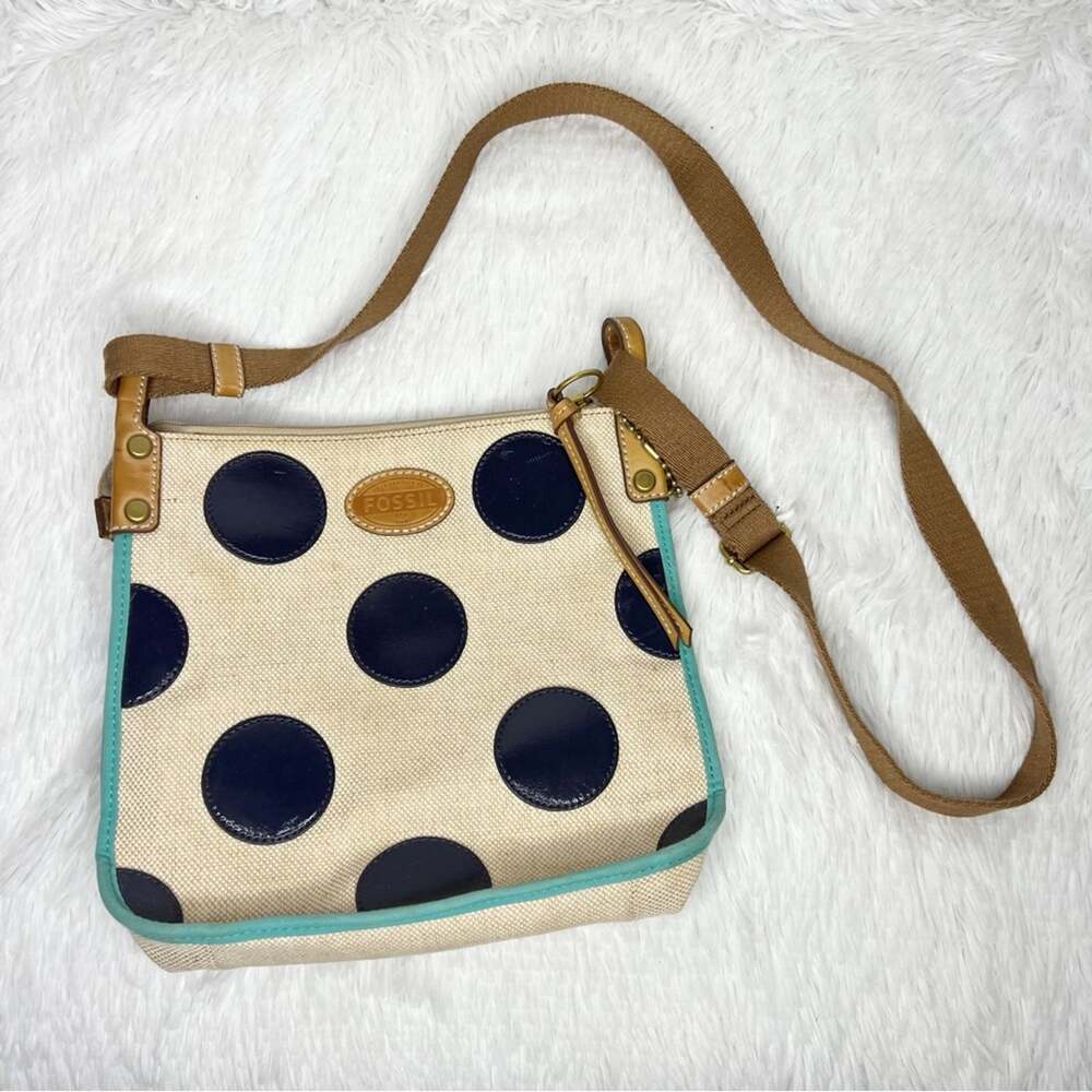 FOSSIL / tan canvas navy blue polka dot crossbody purse